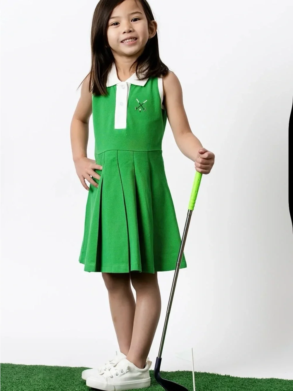 Monica + Andy Girls Green Sleeveless Polo Dress with White Collar